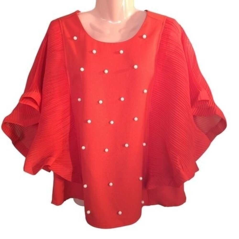 Fashion Nova Women's Blouse Red/Orange Ruffle Slevees Faux Pearls Size 1XL